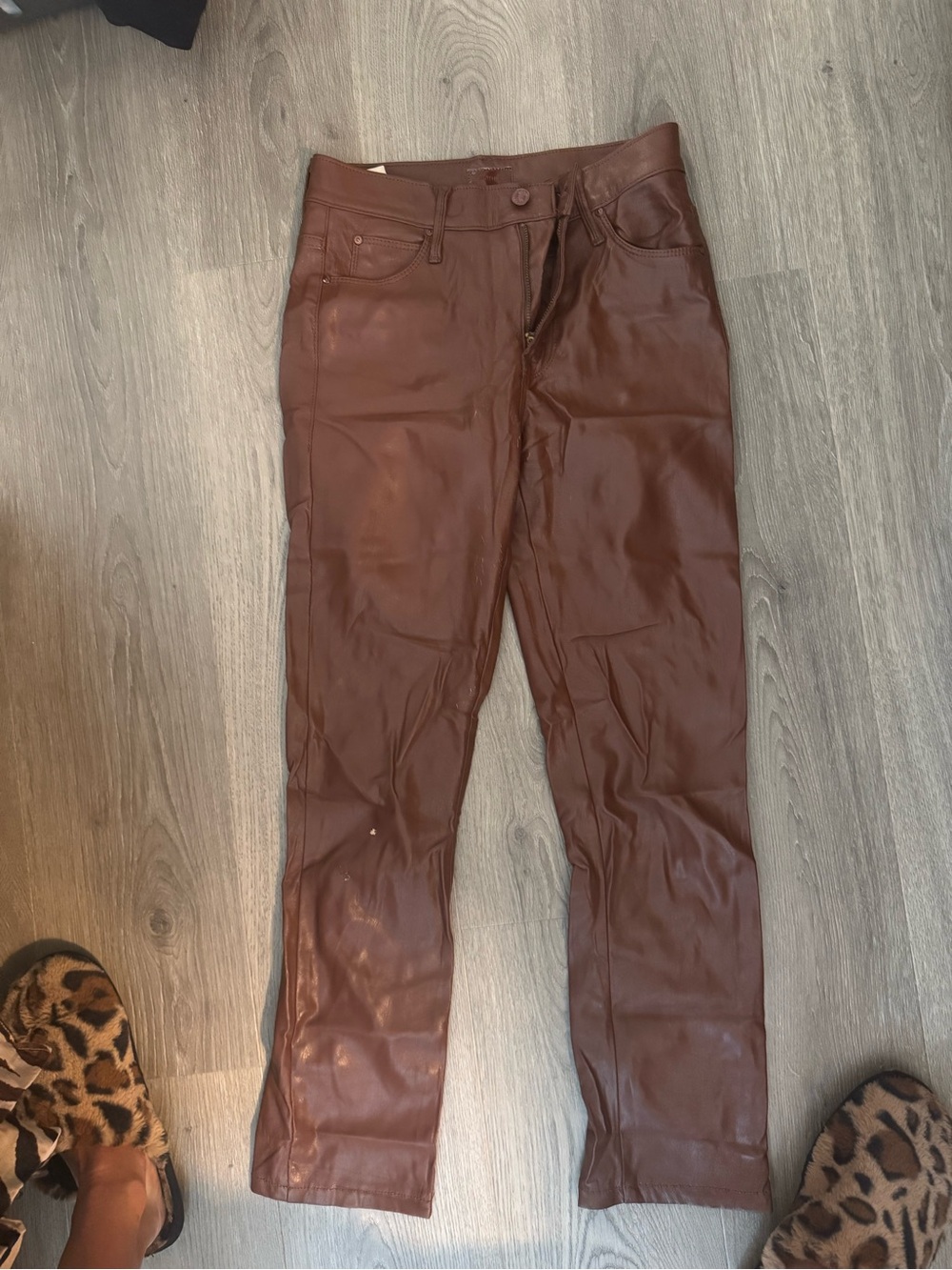 MOTHER Men's Slim Faux Leather Jeans in Chestnut Brown